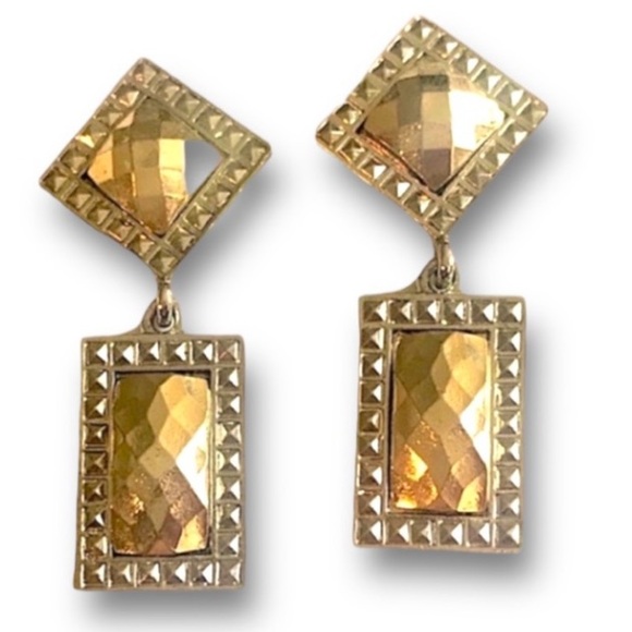Gold and Silver tone square & rectangular Facetted Dangle Earrings - Picture 1 of 5
